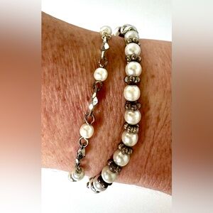 Lot of 2 Vintage Signed Napier Silver-time & Faux Pearl Bracelets #1120